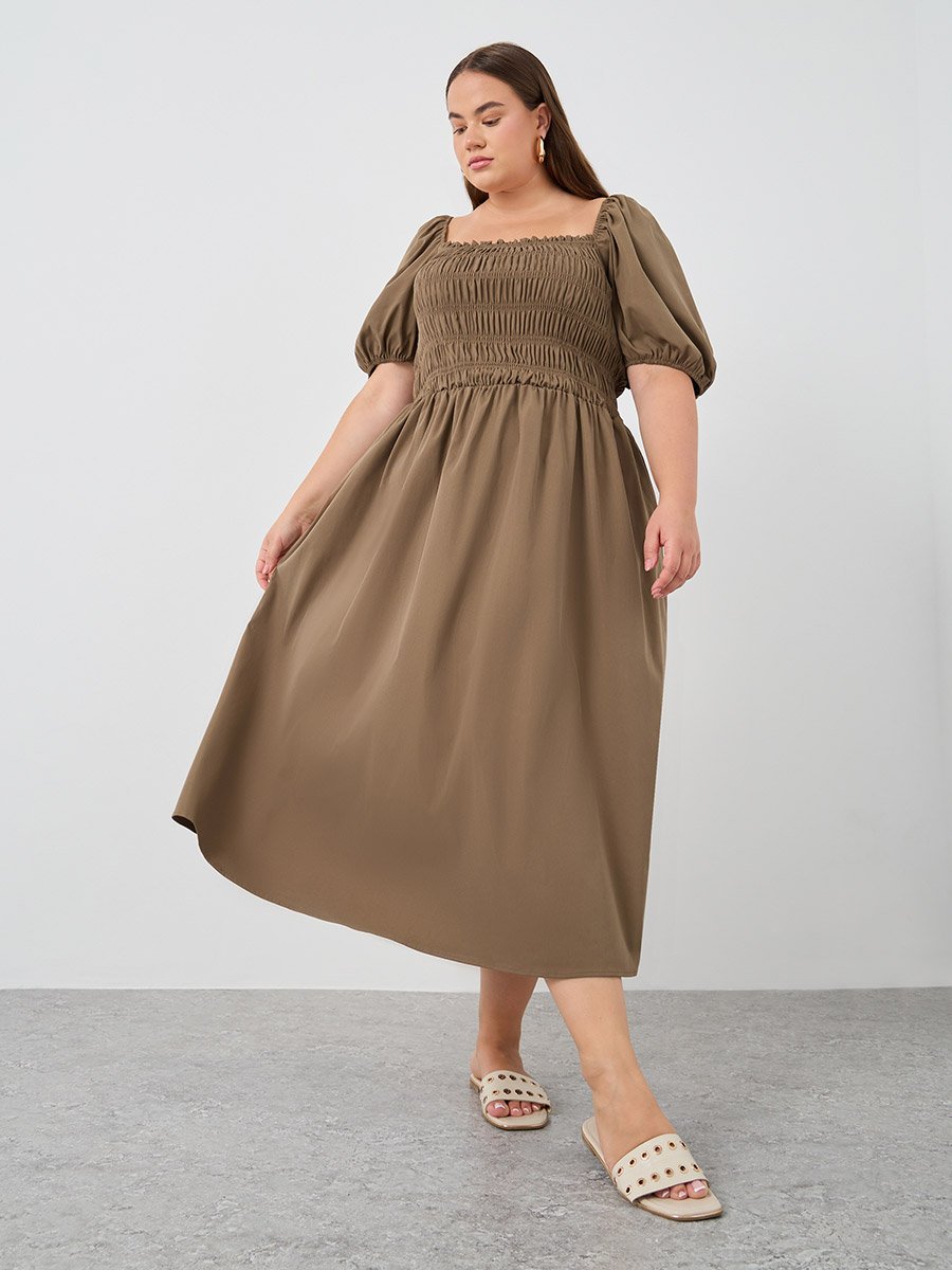 Plus Size Puff Sleeve Smocked Detail A-Line Midi Dress For Women at Bahrain | Styli Plus Size Puff Sleeve Smocked Detail A-Line Midi Dress For Women at Bahrain | Styli
