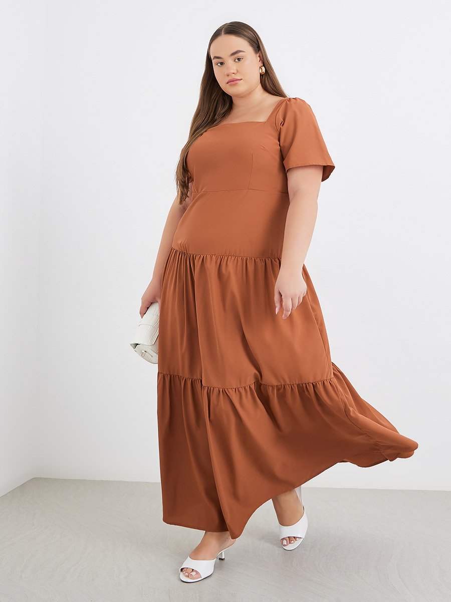 Plus Size Puff Sleeve Square Neck Tiered Maxi Dress