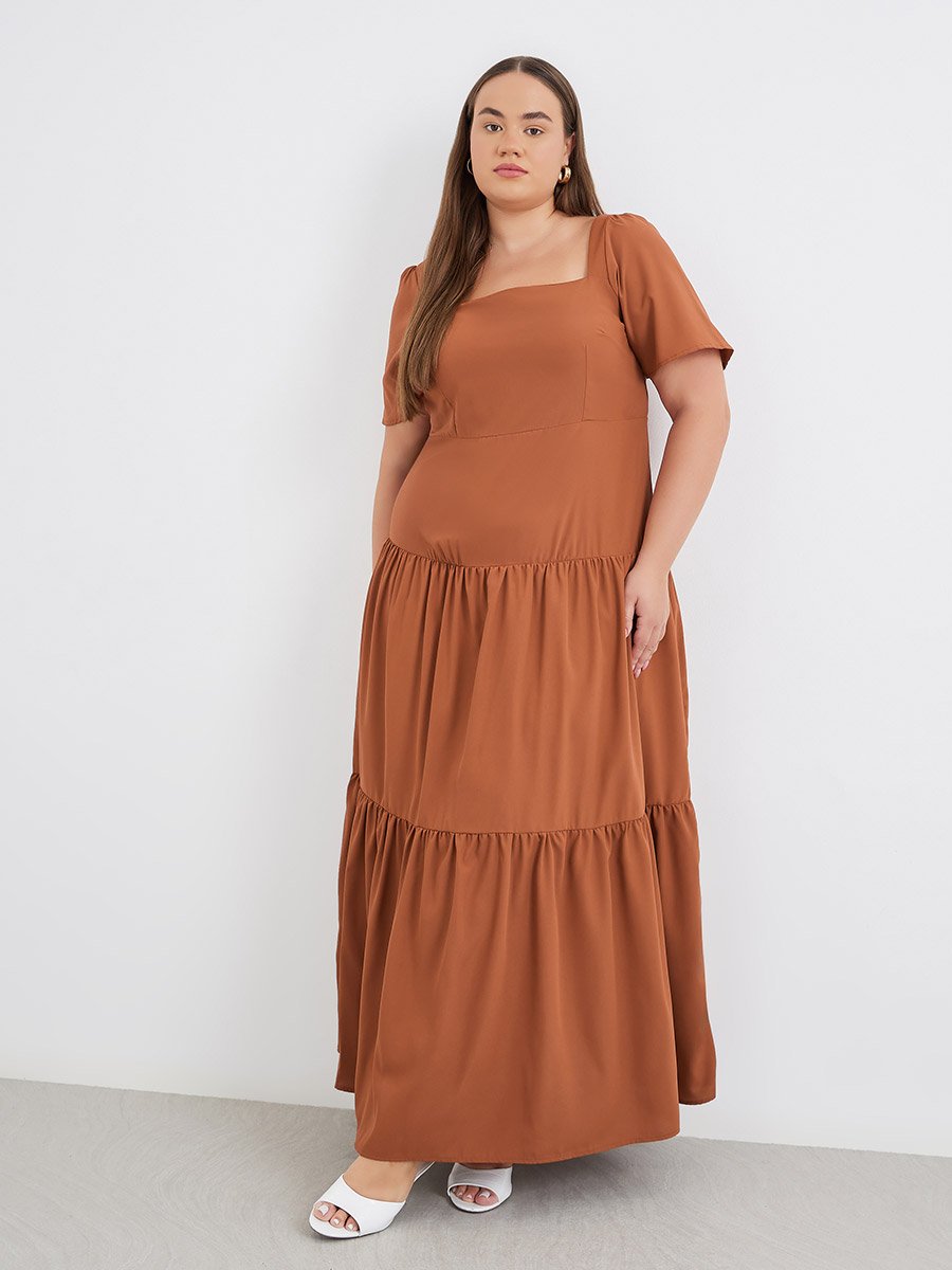 Plus Size Puff Sleeve Square Neck Tiered Maxi Dress
