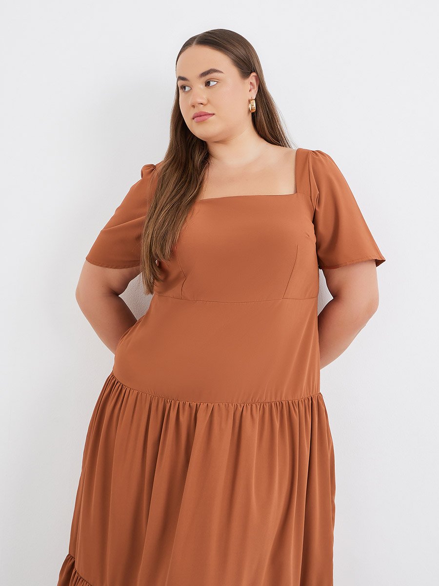 Plus Size Puff Sleeve Square Neck Tiered Maxi Dress