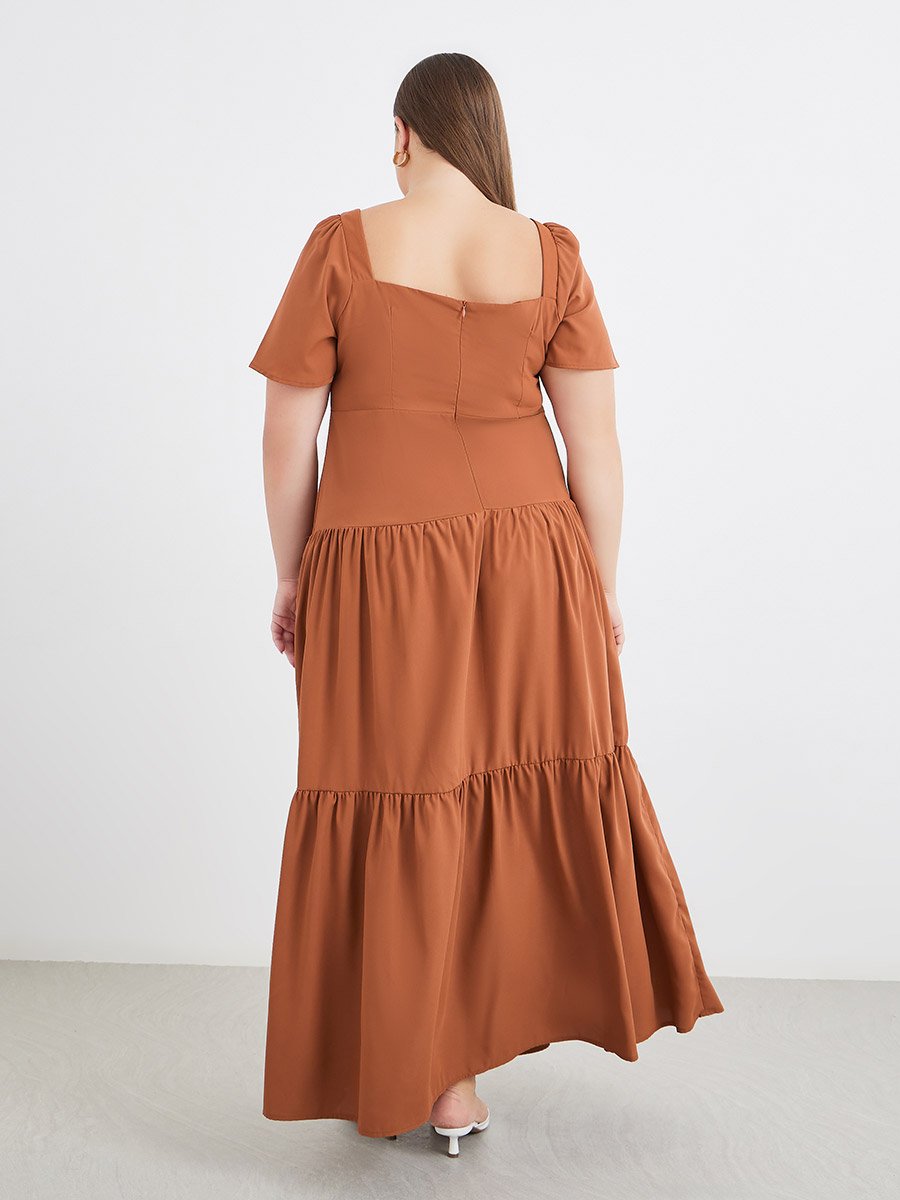 Plus Size Puff Sleeve Square Neck Tiered Maxi Dress