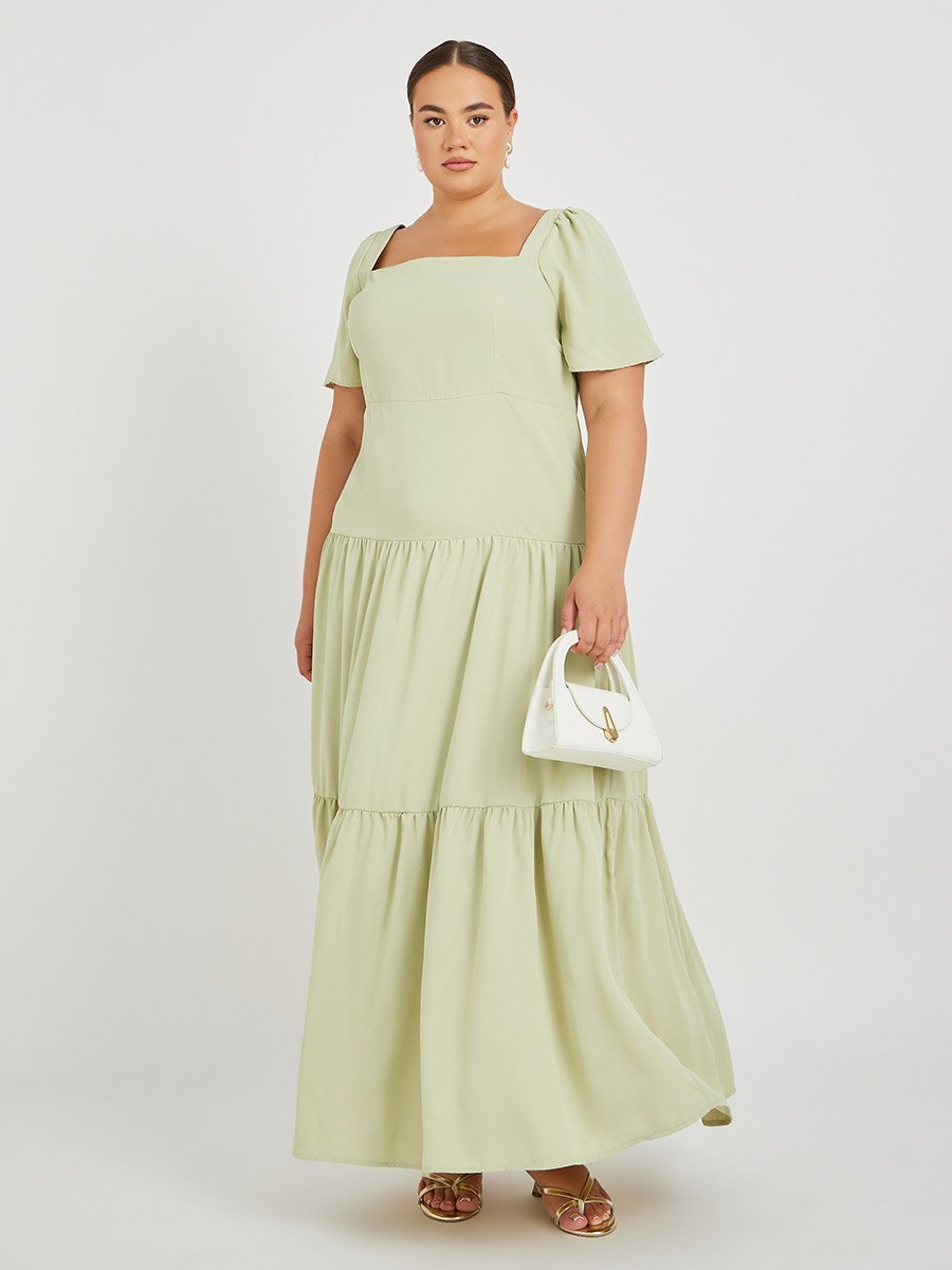 Plus Size Puff Sleeve Square Neck Tiered Maxi Dress