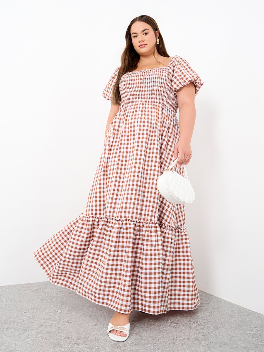 Plus Size Gingham Print Puff Sleeves A-Line Maxi Dress