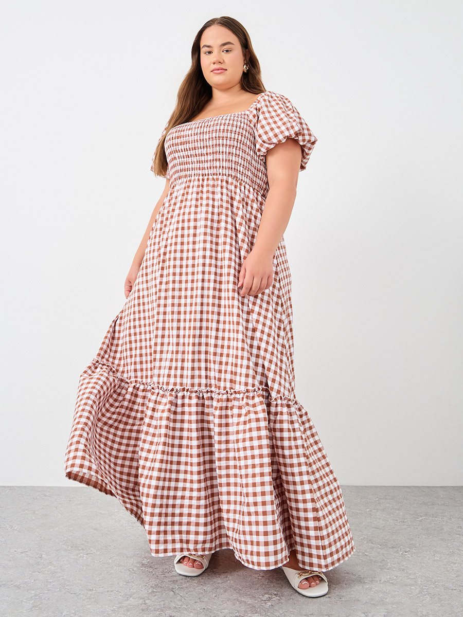 Plus Size Gingham Print Puff Sleeves A-Line Maxi Dress