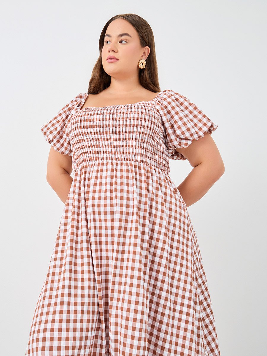 Plus Size Gingham Print Puff Sleeves A-Line Maxi Dress