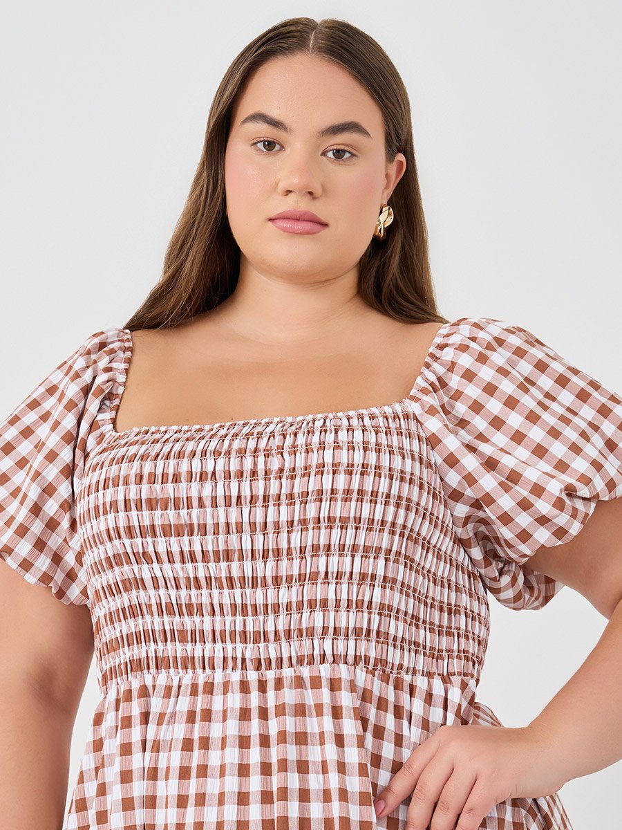 Plus Size Gingham Print Puff Sleeves A-Line Maxi Dress
