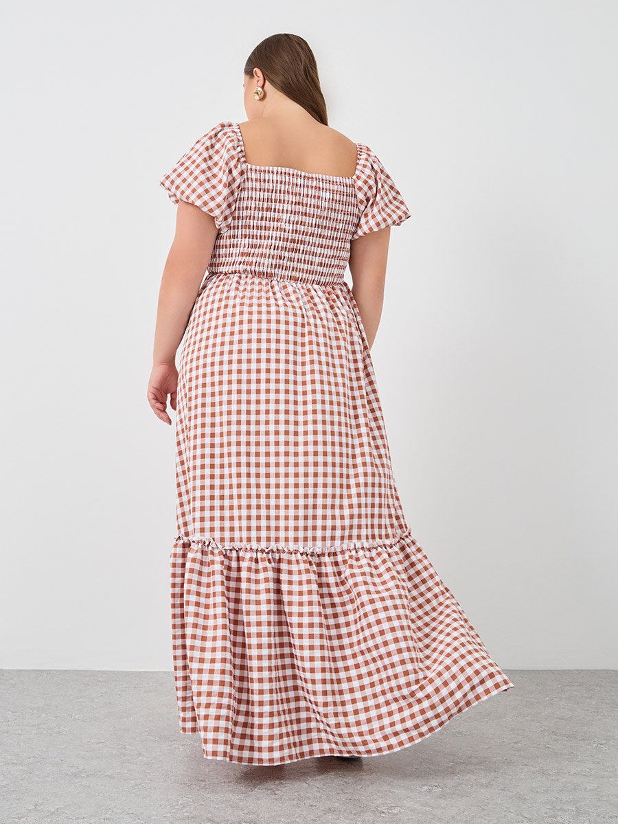 Plus Size Gingham Print Puff Sleeves A-Line Maxi Dress