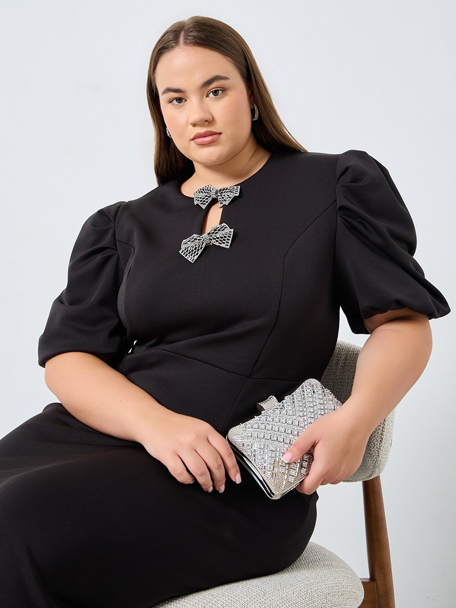 Plus Size Embellished Puff Sleeves Sheath Midi Dress