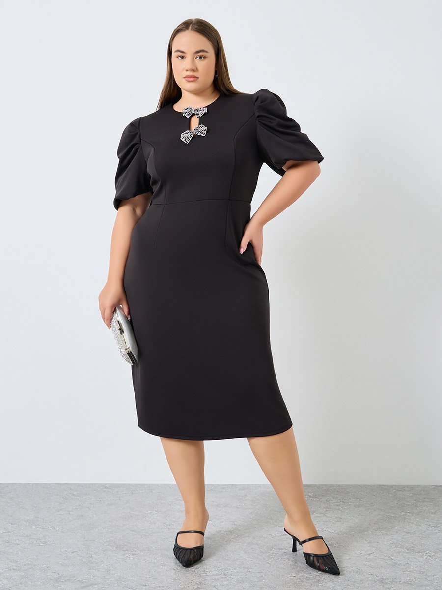 Plus Size Embellished Puff Sleeves Sheath Midi Dress