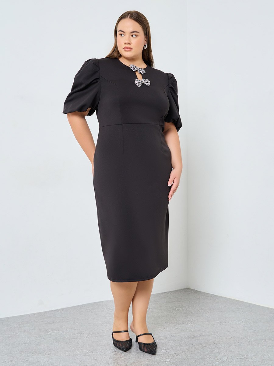Plus Size Embellished Puff Sleeves Sheath Midi Dress
