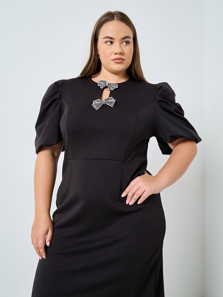 Plus Size Embellished Puff Sleeves Sheath Midi Dress