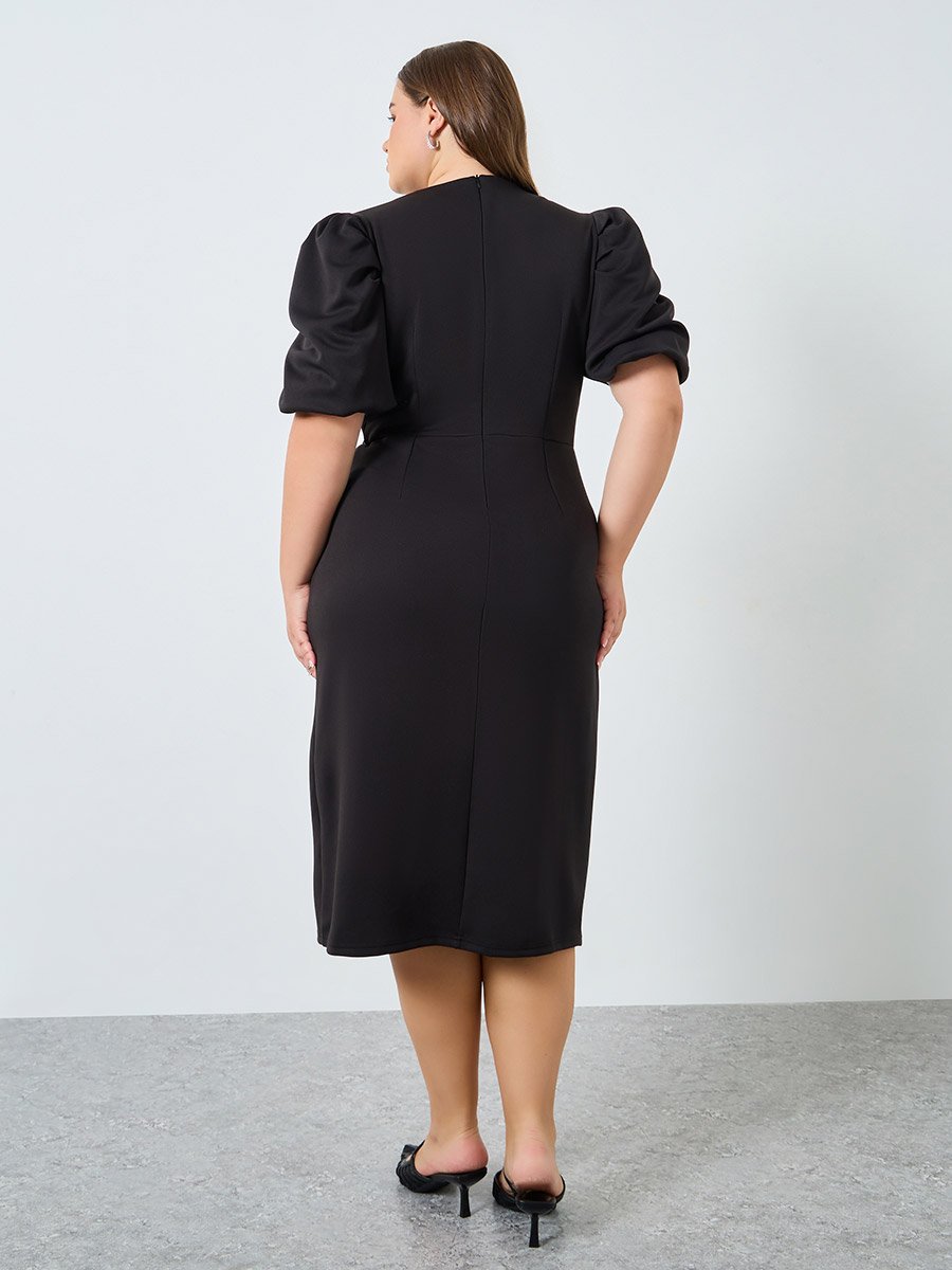 Plus Size Embellished Puff Sleeves Sheath Midi Dress