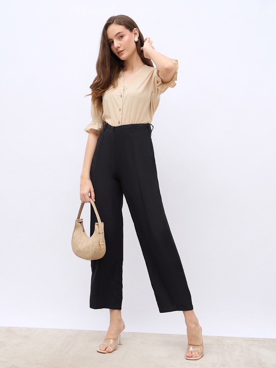 Solid Tapered Fit Pants with Pintuck Detail