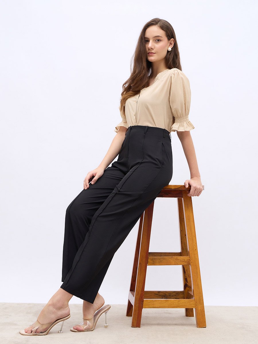 Solid Tapered Fit Pants with Pintuck Detail