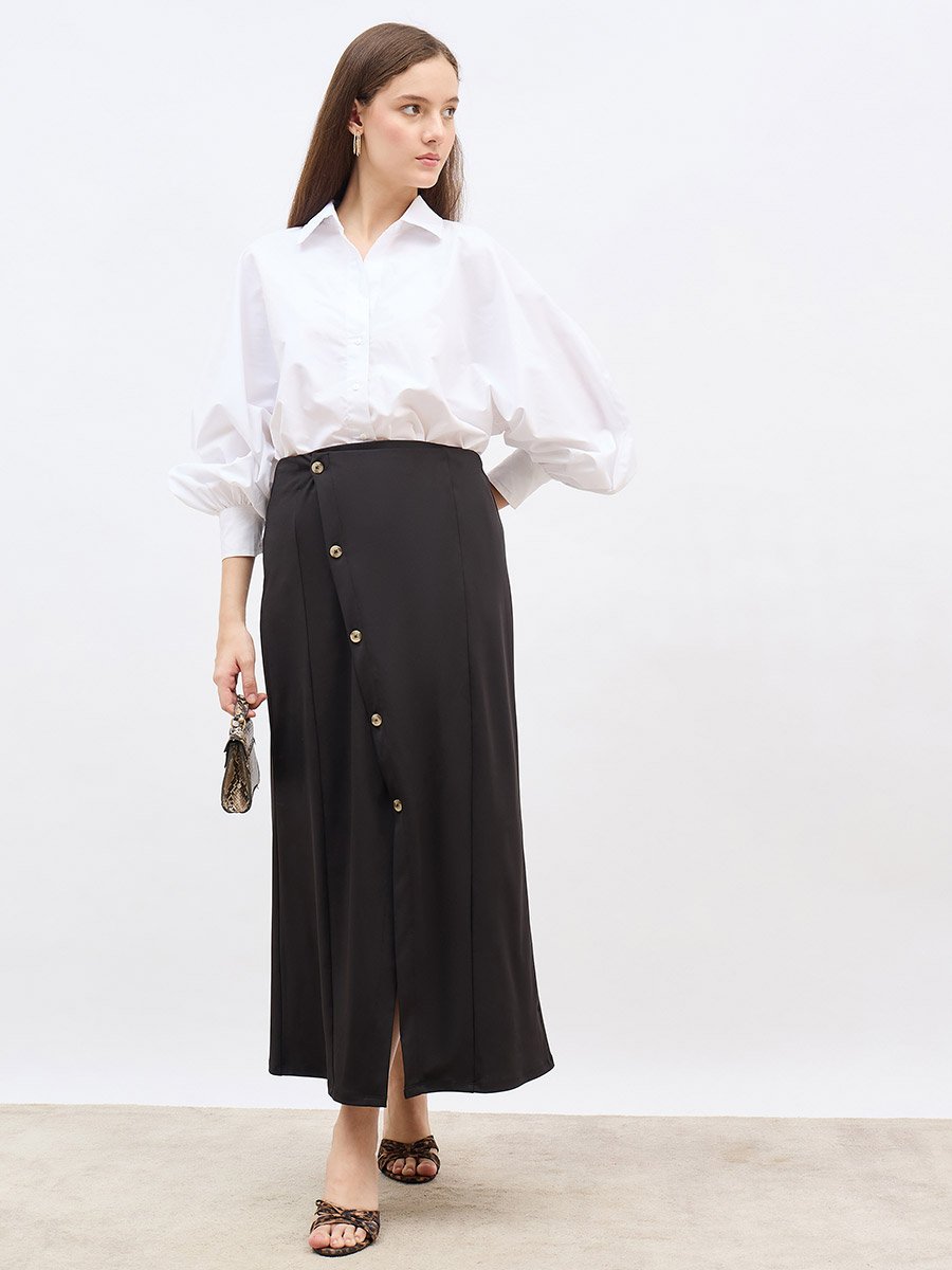Wrap Front A-Line Maxi Skirt with Buttons