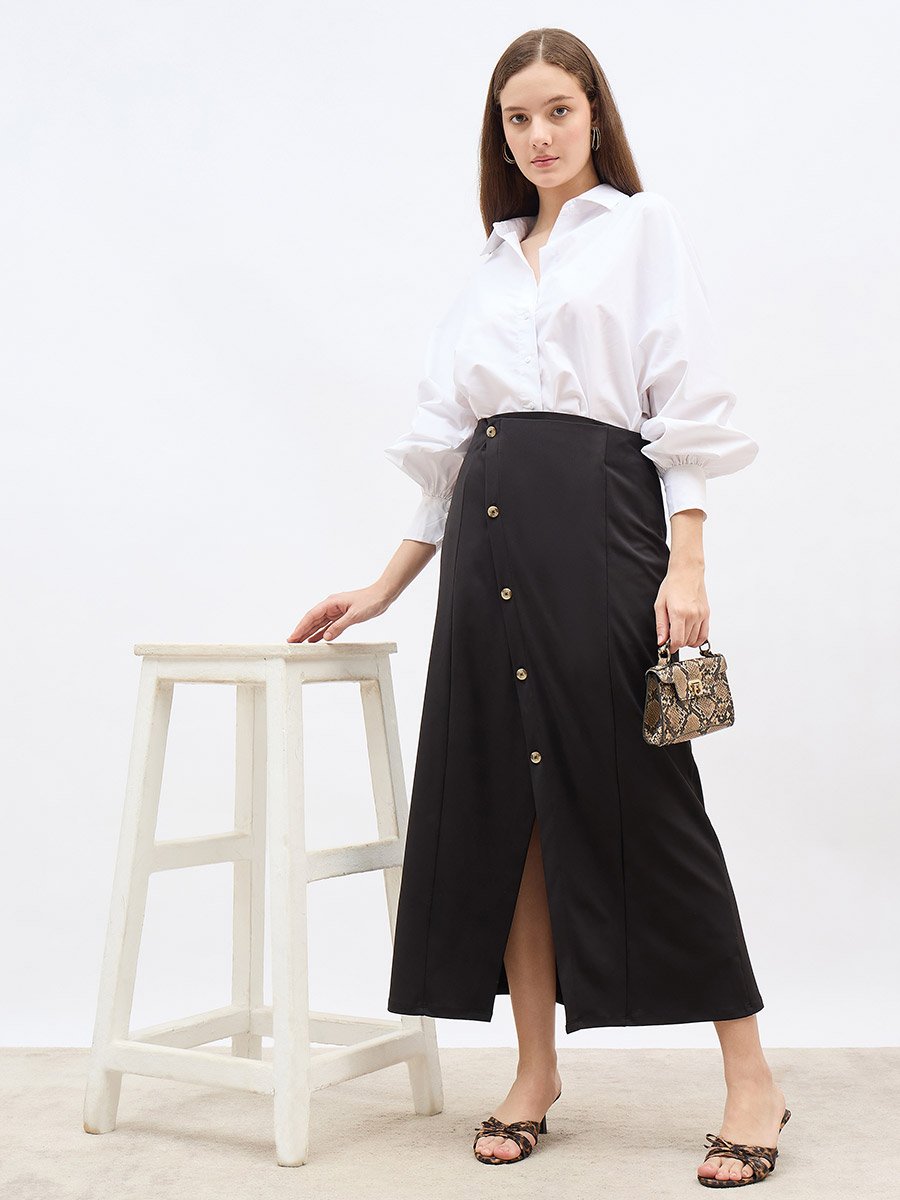 Wrap Front A-Line Maxi Skirt with Buttons