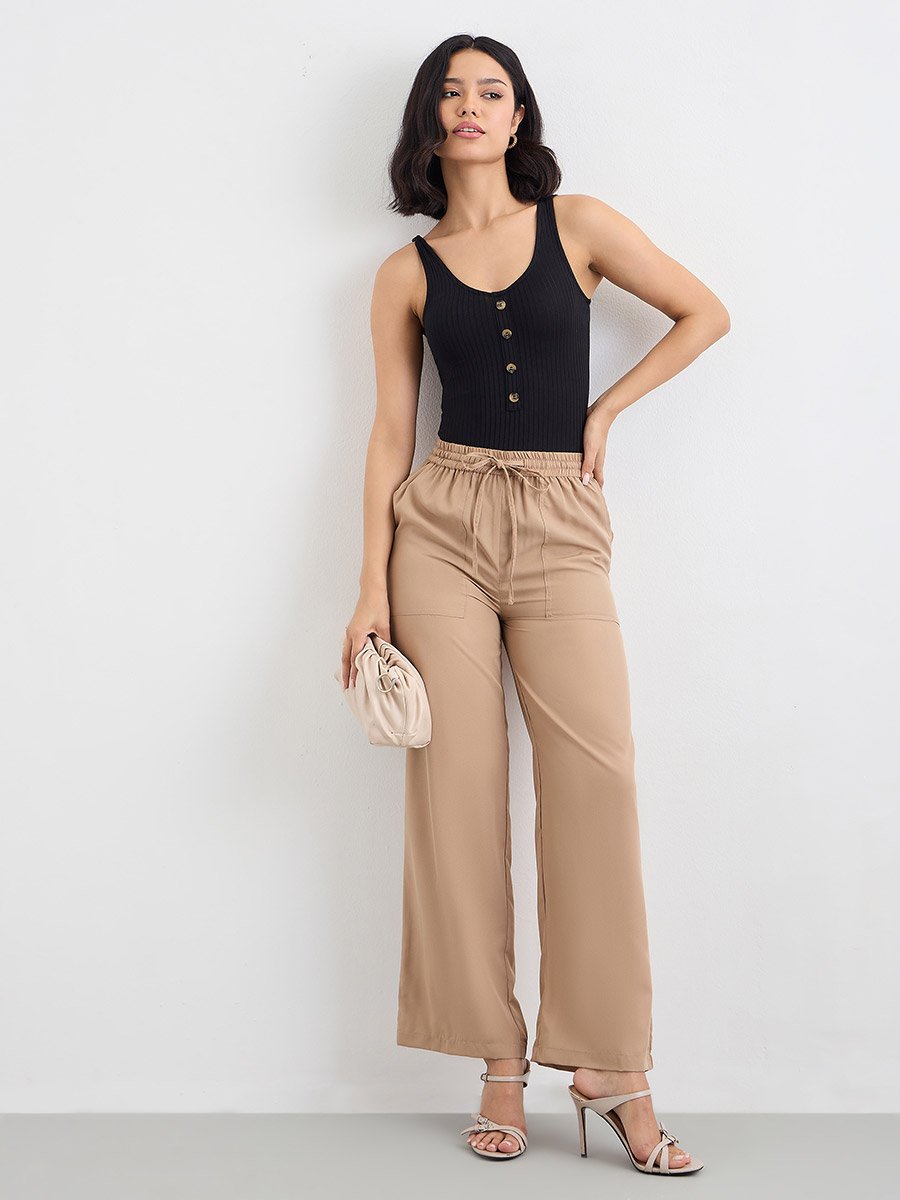 Beige Wide Leg Pants with Drawstring Waist