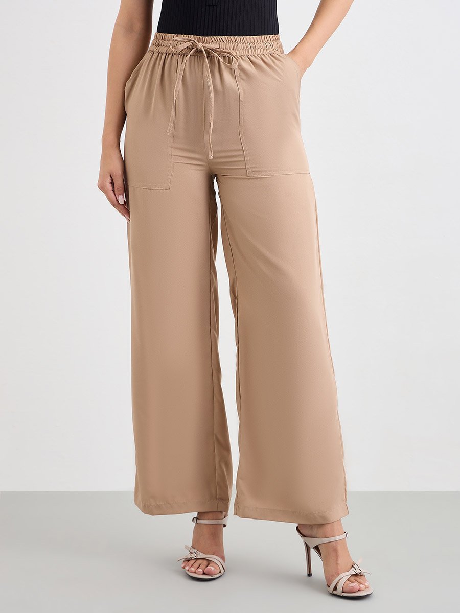 Beige Wide Leg Pants with Drawstring Waist