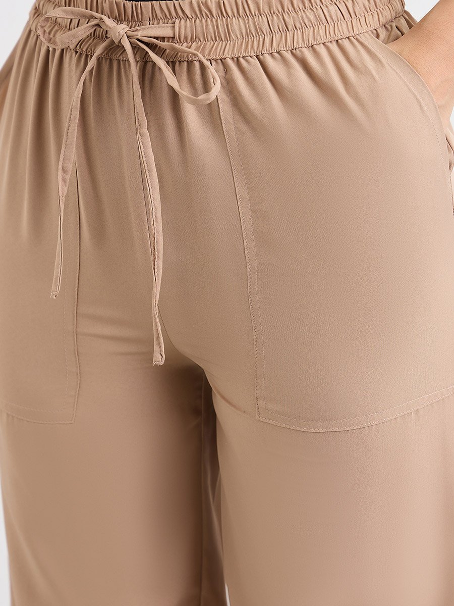 Beige Wide Leg Pants with Drawstring Waist