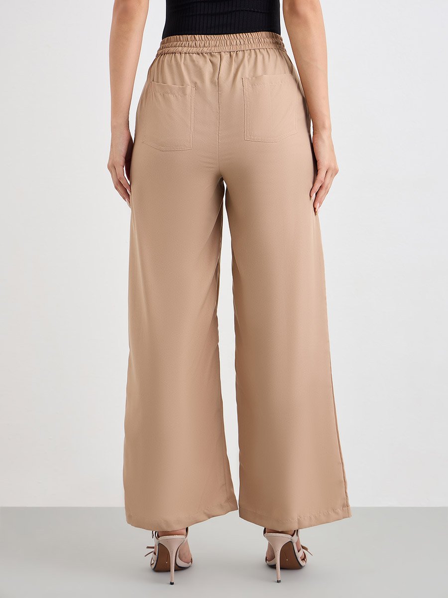 Beige Wide Leg Pants with Drawstring Waist