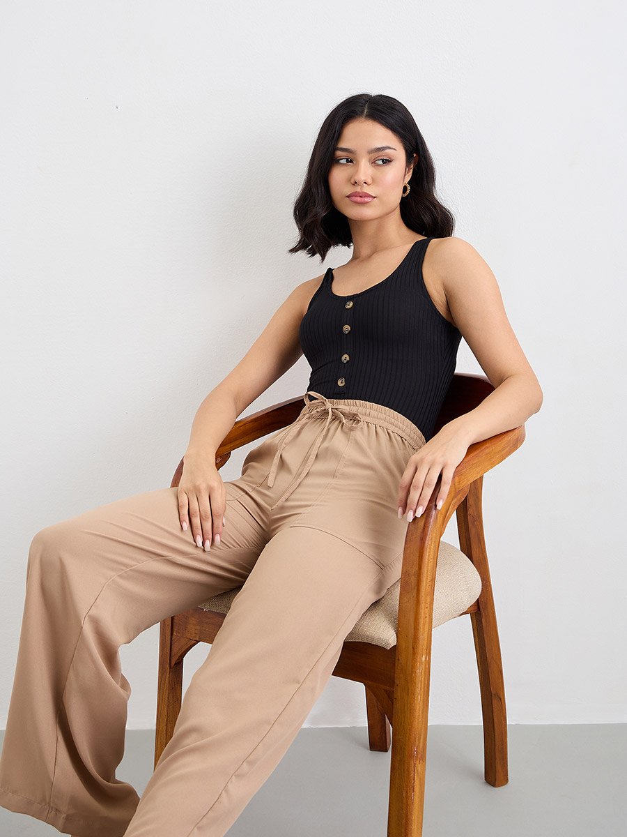 Beige Wide Leg Pants with Drawstring Waist