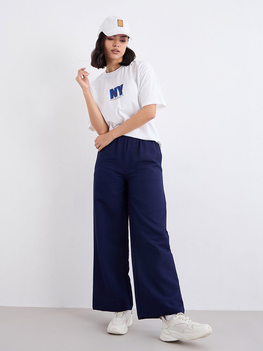 Navy Blue Textured Wide Leg Casual Pants
