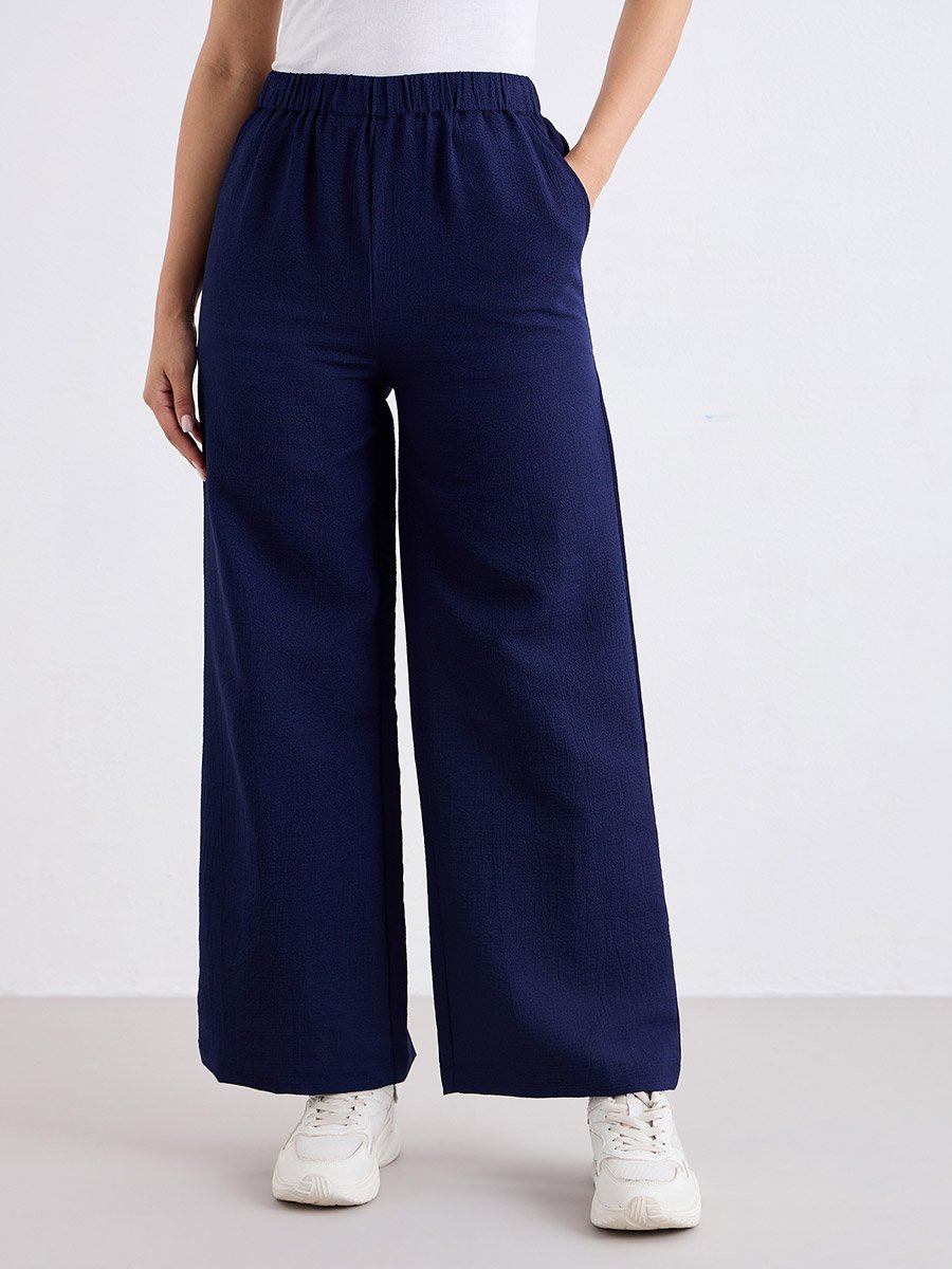 Navy Blue Textured Wide Leg Casual Pants