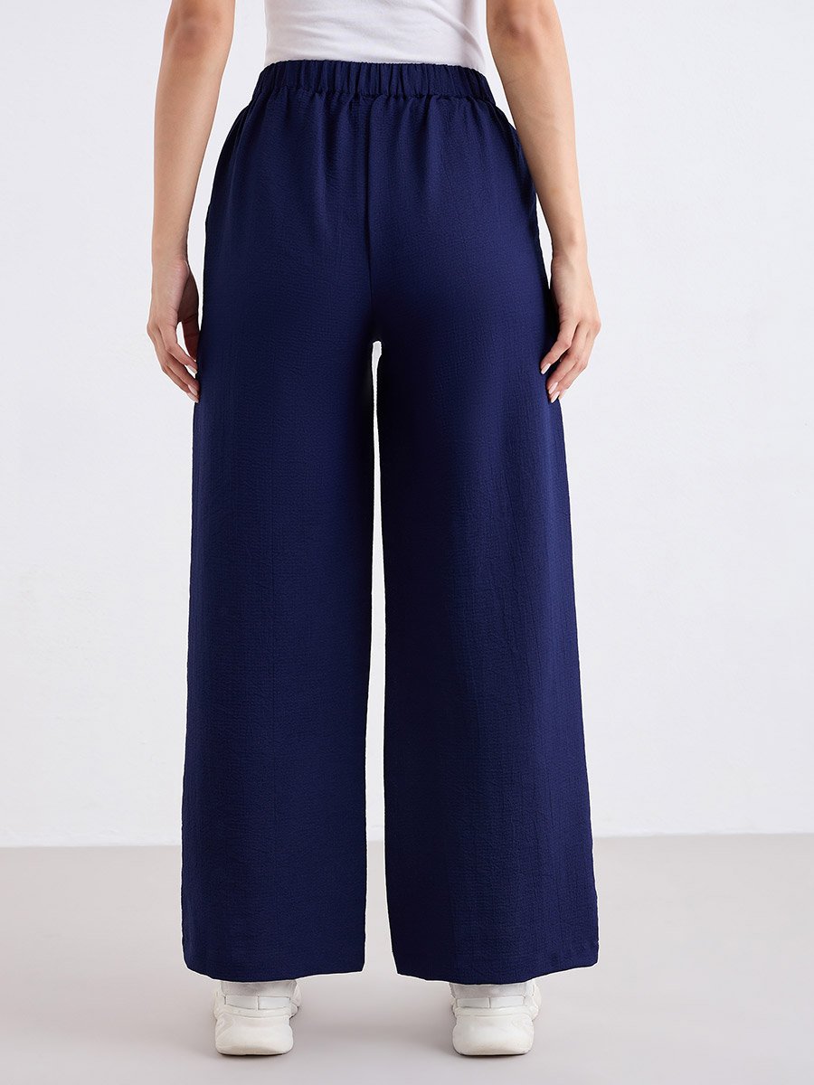 Navy Blue Textured Wide Leg Casual Pants