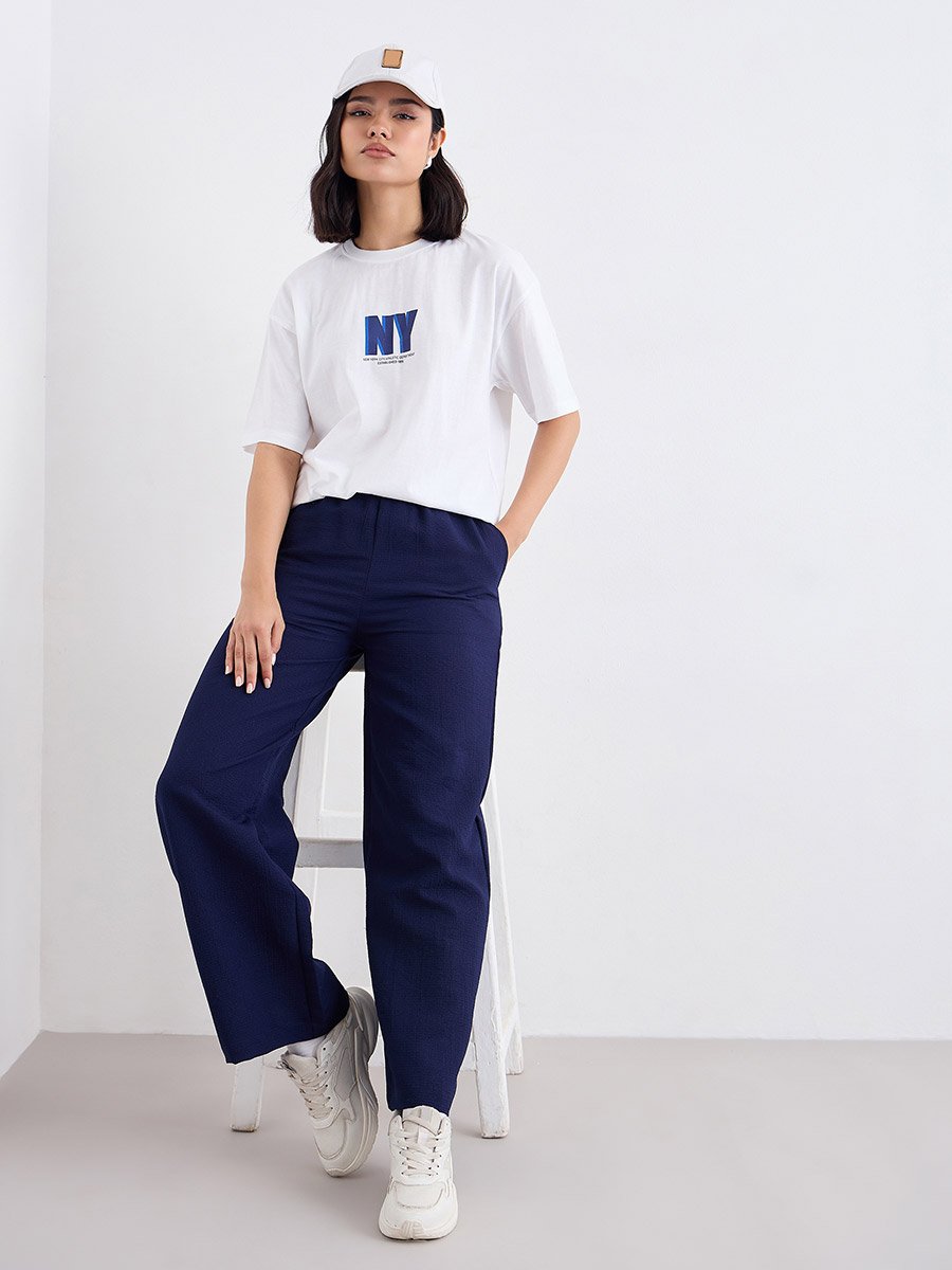 Navy Blue Textured Wide Leg Casual Pants