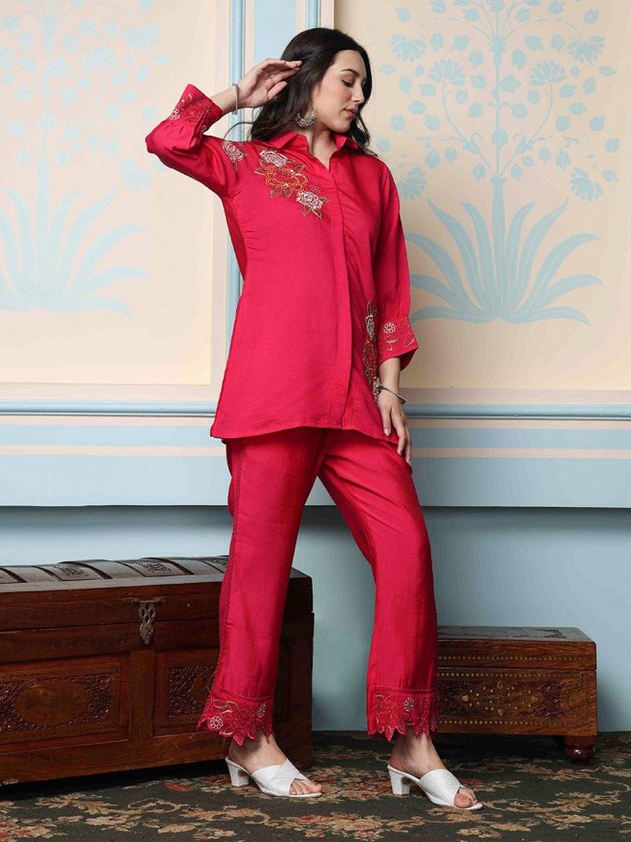 Embroidered Longline Shirt and Trousers Co-Ords