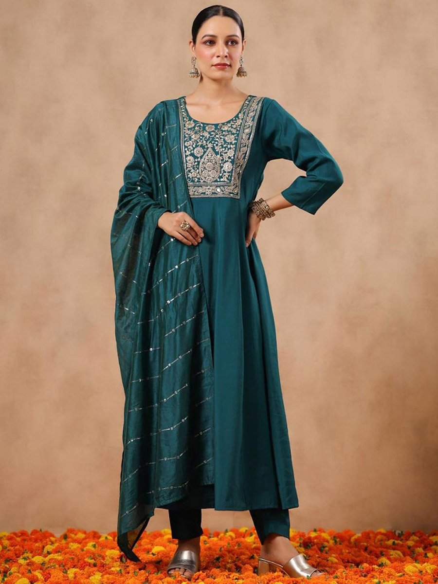 Embroidered A-Line Kurta and Pants with Dupatta Set