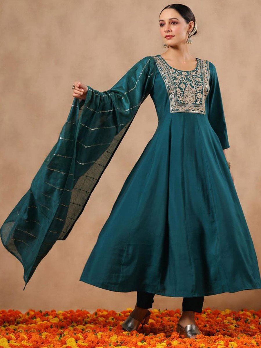 Embroidered A-Line Kurta and Pants with Dupatta Set