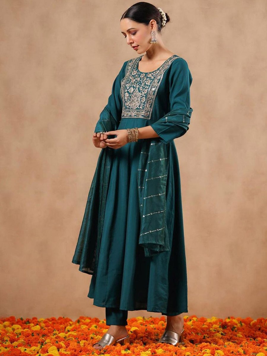 Embroidered A-Line Kurta and Pants with Dupatta Set