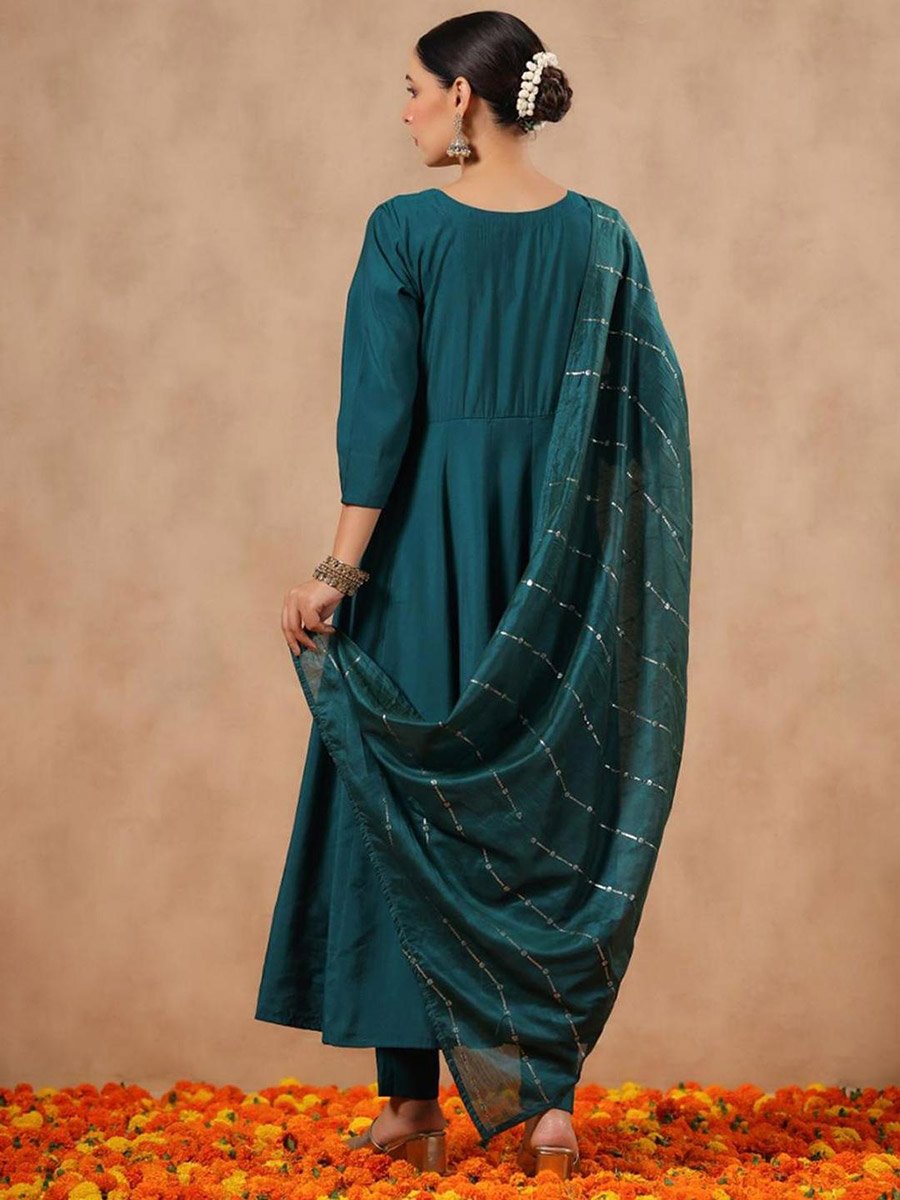 Embroidered A-Line Kurta and Pants with Dupatta Set