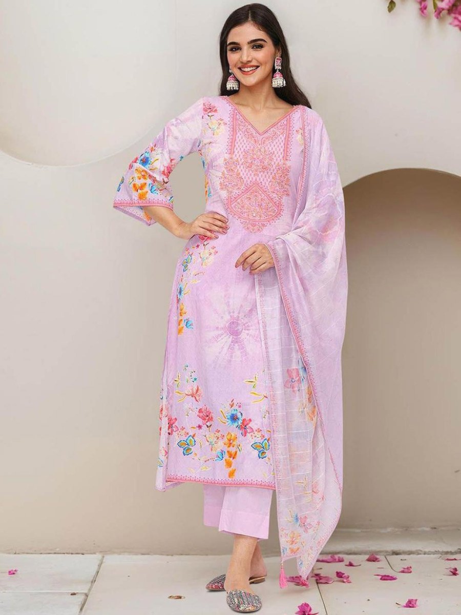 Printed V-Neck Kurta and Trousers with Dupatta Set
