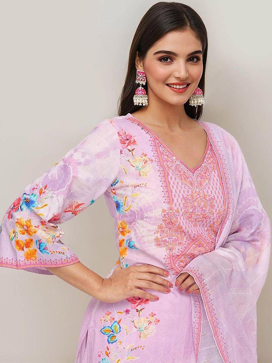 Printed V-Neck Kurta and Trousers with Dupatta Set