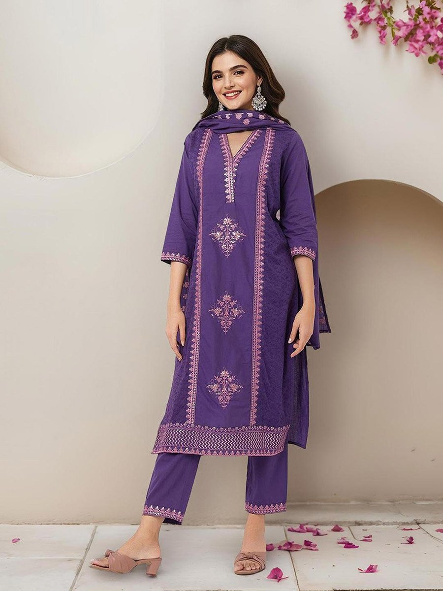 Embroidered V Neck Kurta and Pants with Dupatta Set