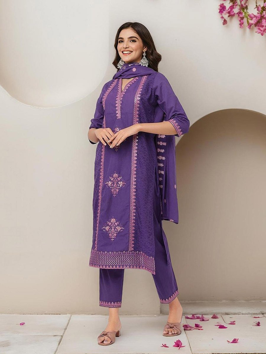 Embroidered V Neck Kurta and Pants with Dupatta Set
