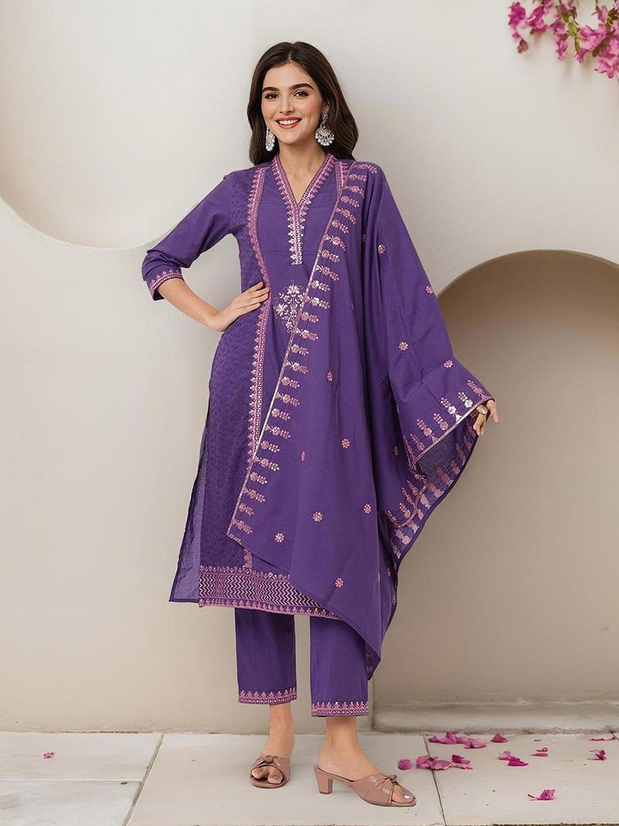Embroidered V Neck Kurta and Pants with Dupatta Set