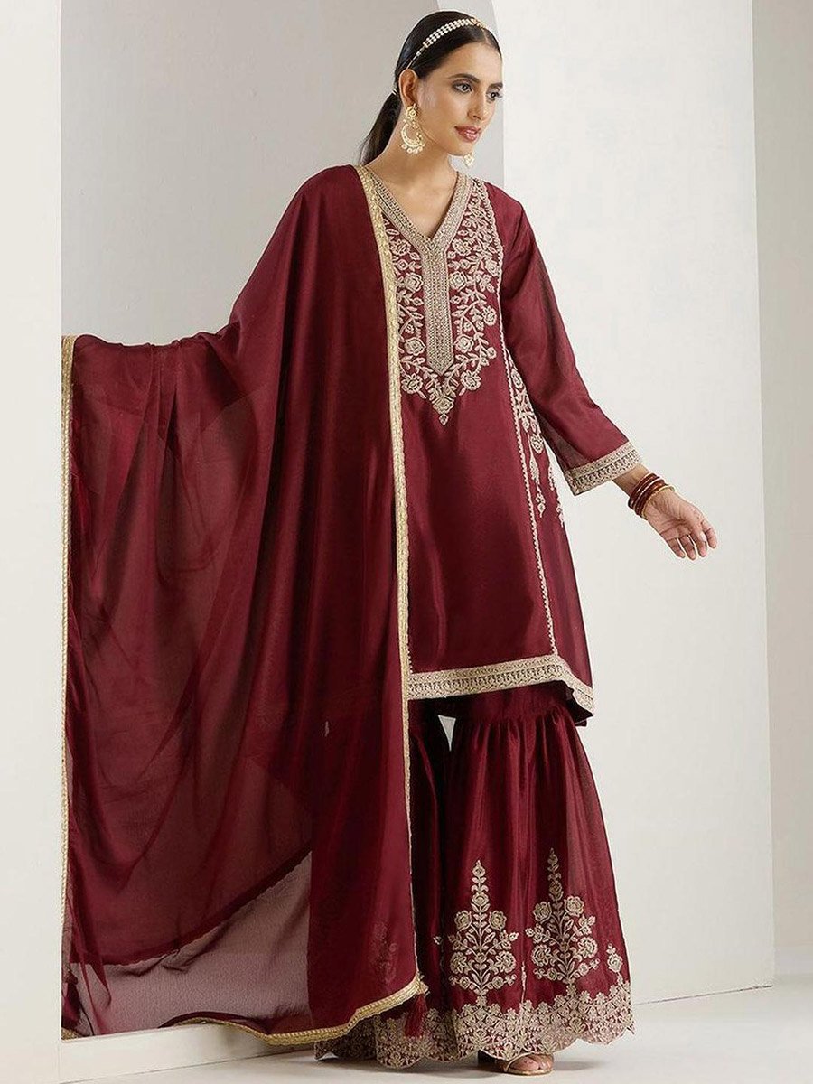 Embroidered V-Neck Kurta and Sharara with Dupatta Set