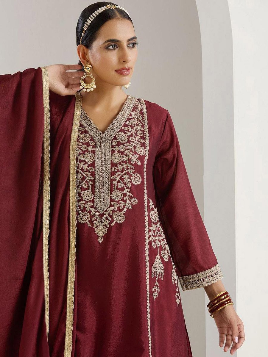 Embroidered V-Neck Kurta and Sharara with Dupatta Set
