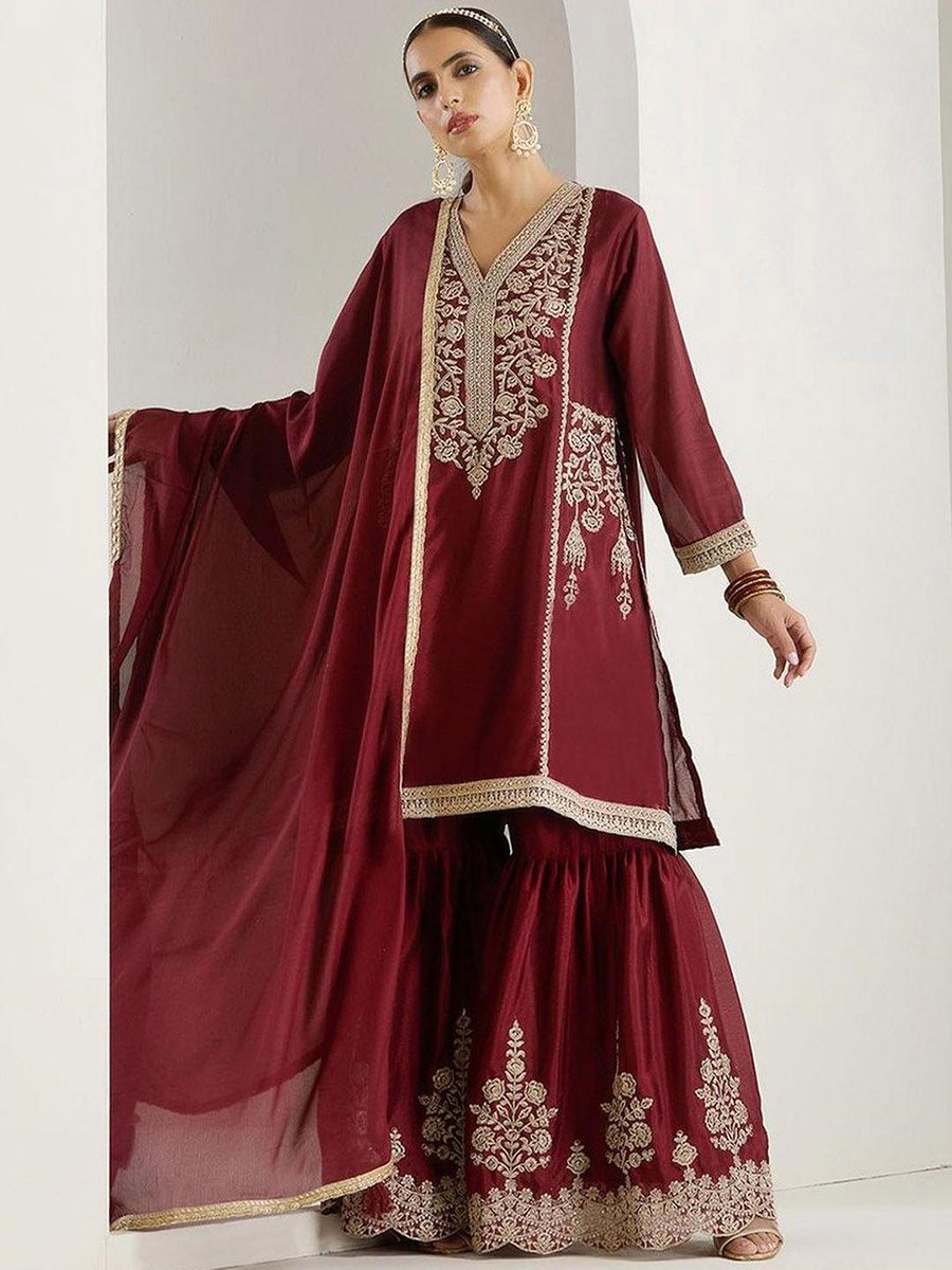 Embroidered V-Neck Kurta and Sharara with Dupatta Set