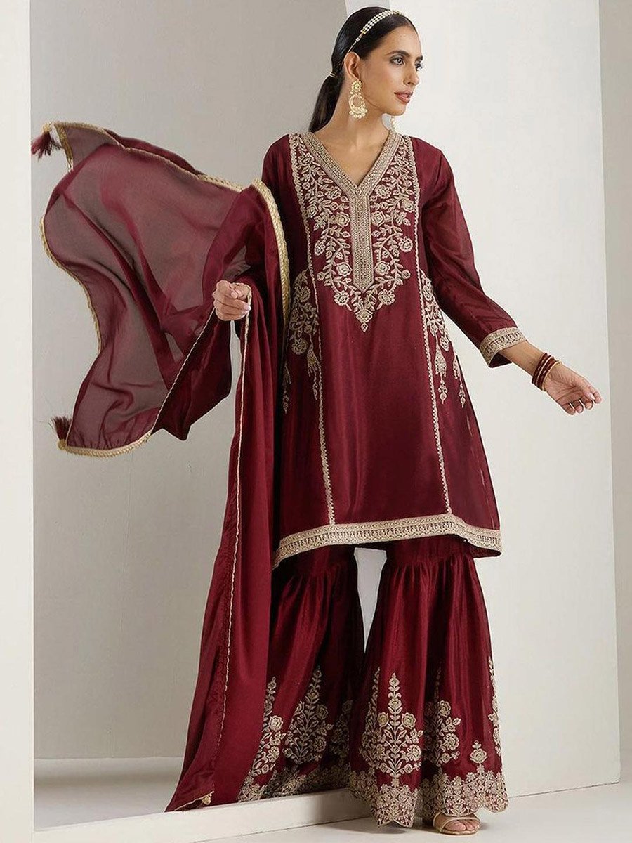 Embroidered V-Neck Kurta and Sharara with Dupatta Set
