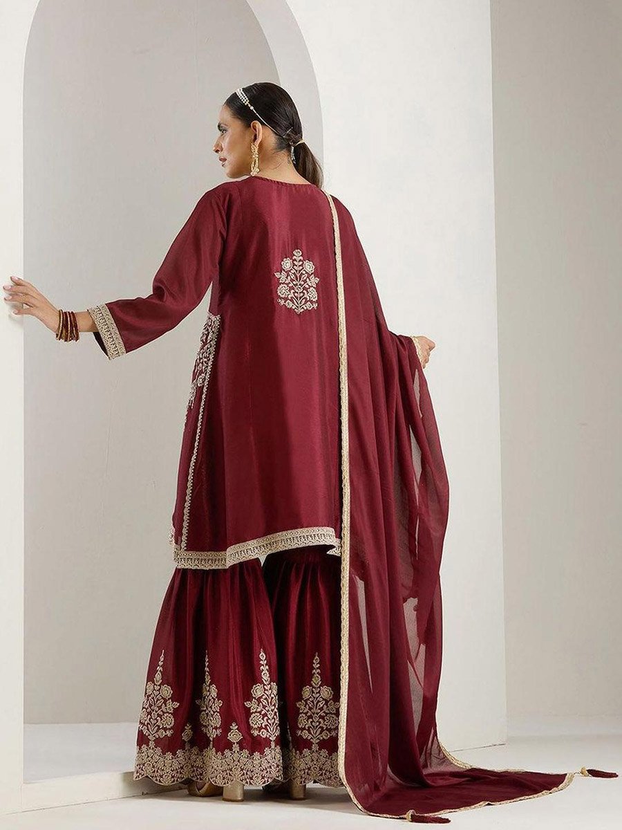 Embroidered V-Neck Kurta and Sharara with Dupatta Set