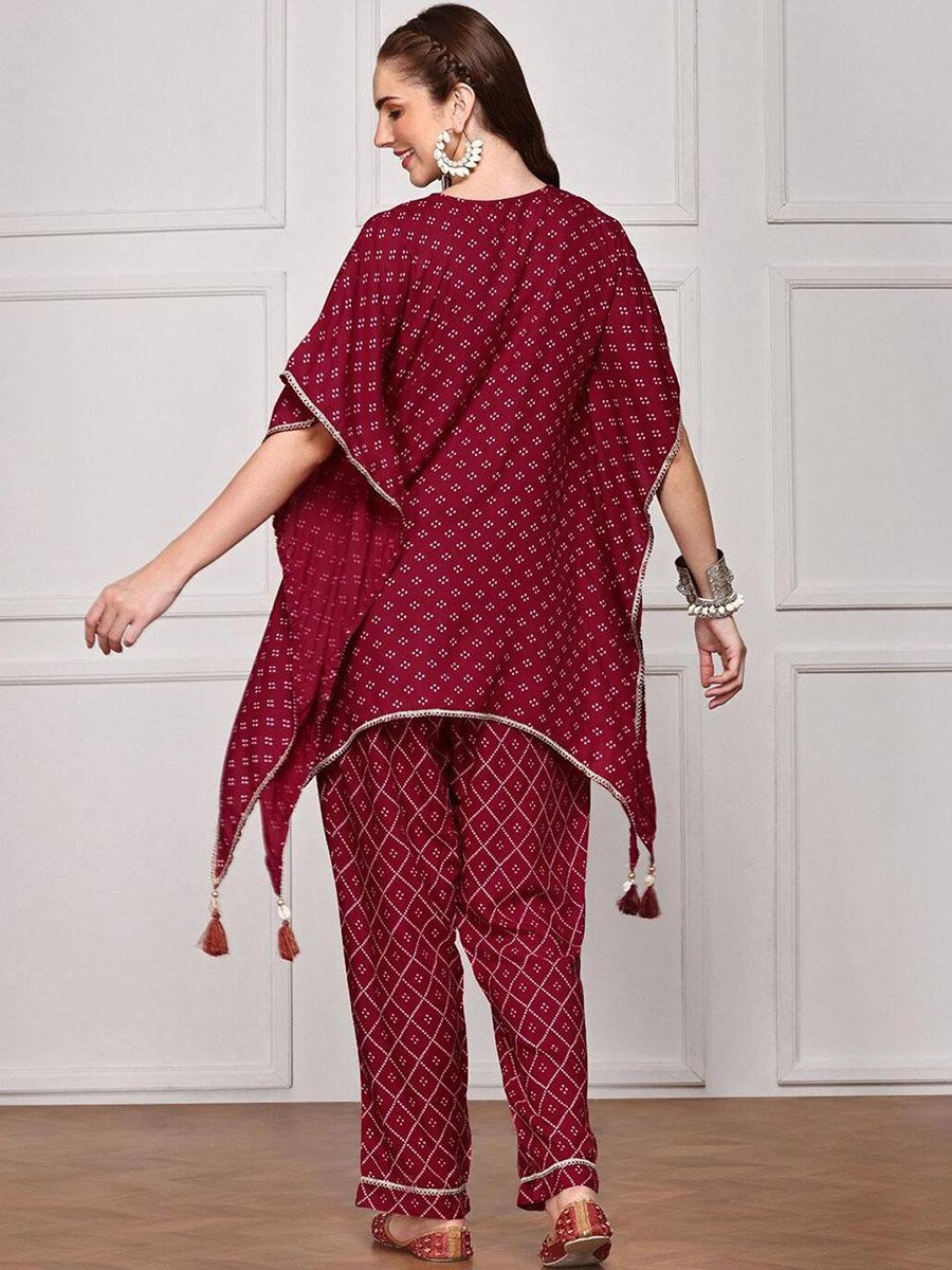 Printed V Neck Kaftan Kurta and Pants Set