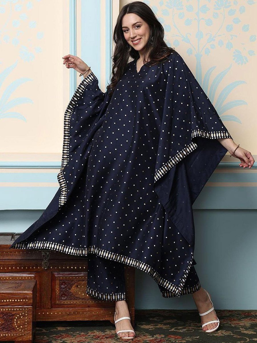 Polka Dot Print V-Neck Kaftan with Pants Set