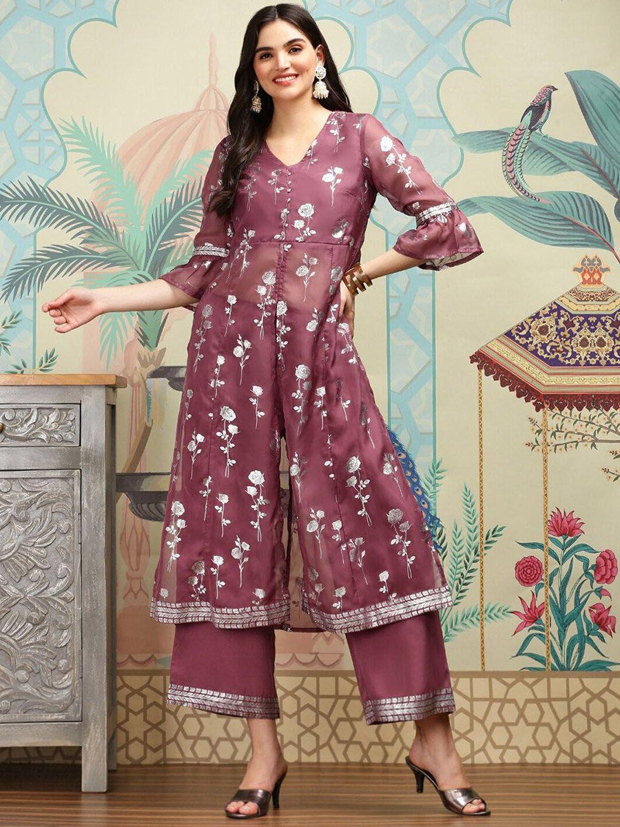 Printed V-Neck A-Line Kurta and Trousers Sets