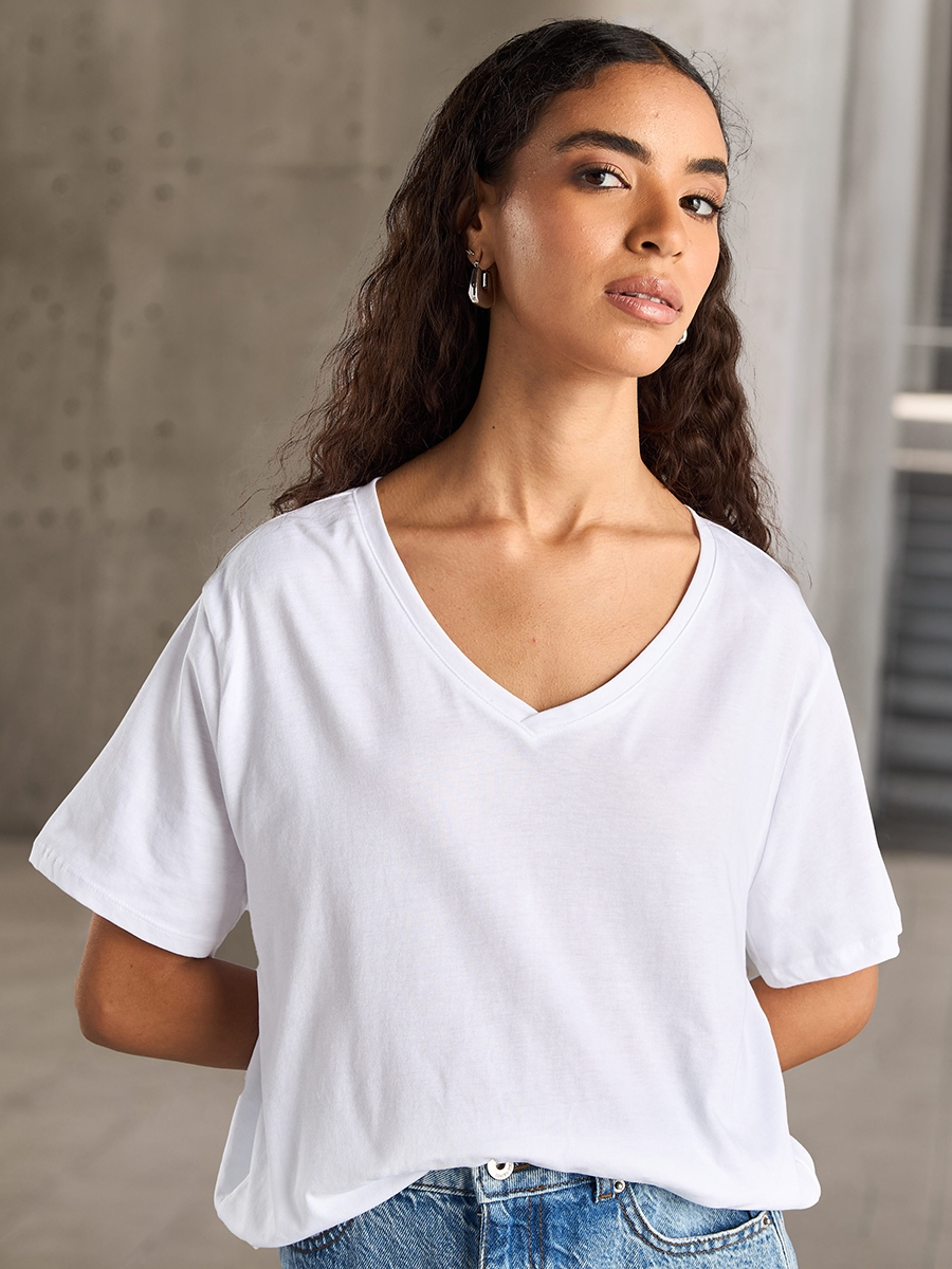 Plain Fade Resistant V-neck T-shirt with Short Sleeves
