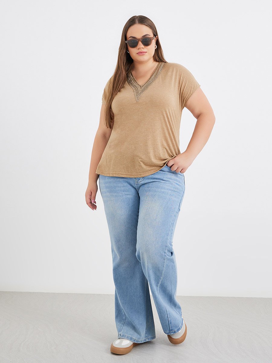 Plus Brown T-Shirt with Lace Detail
