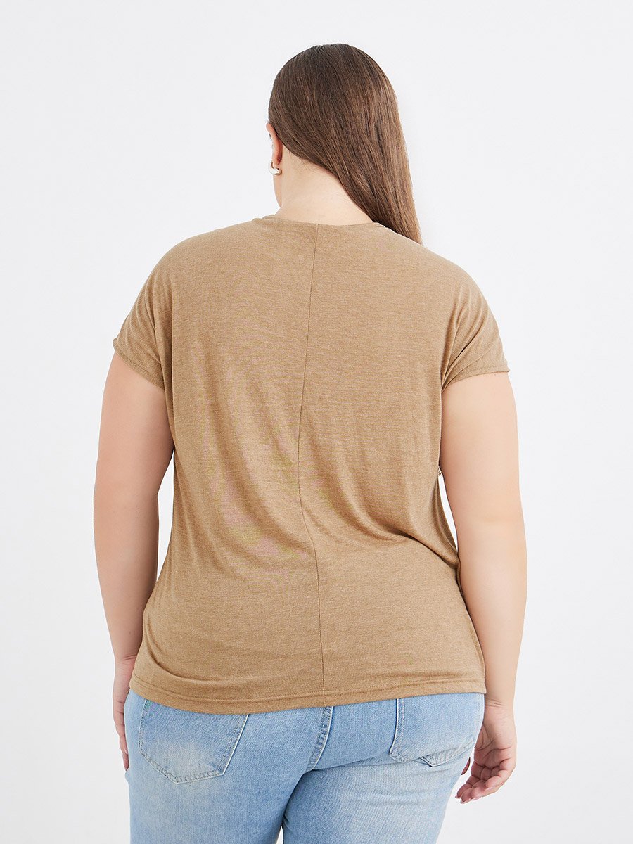Plus Brown T-Shirt with Lace Detail